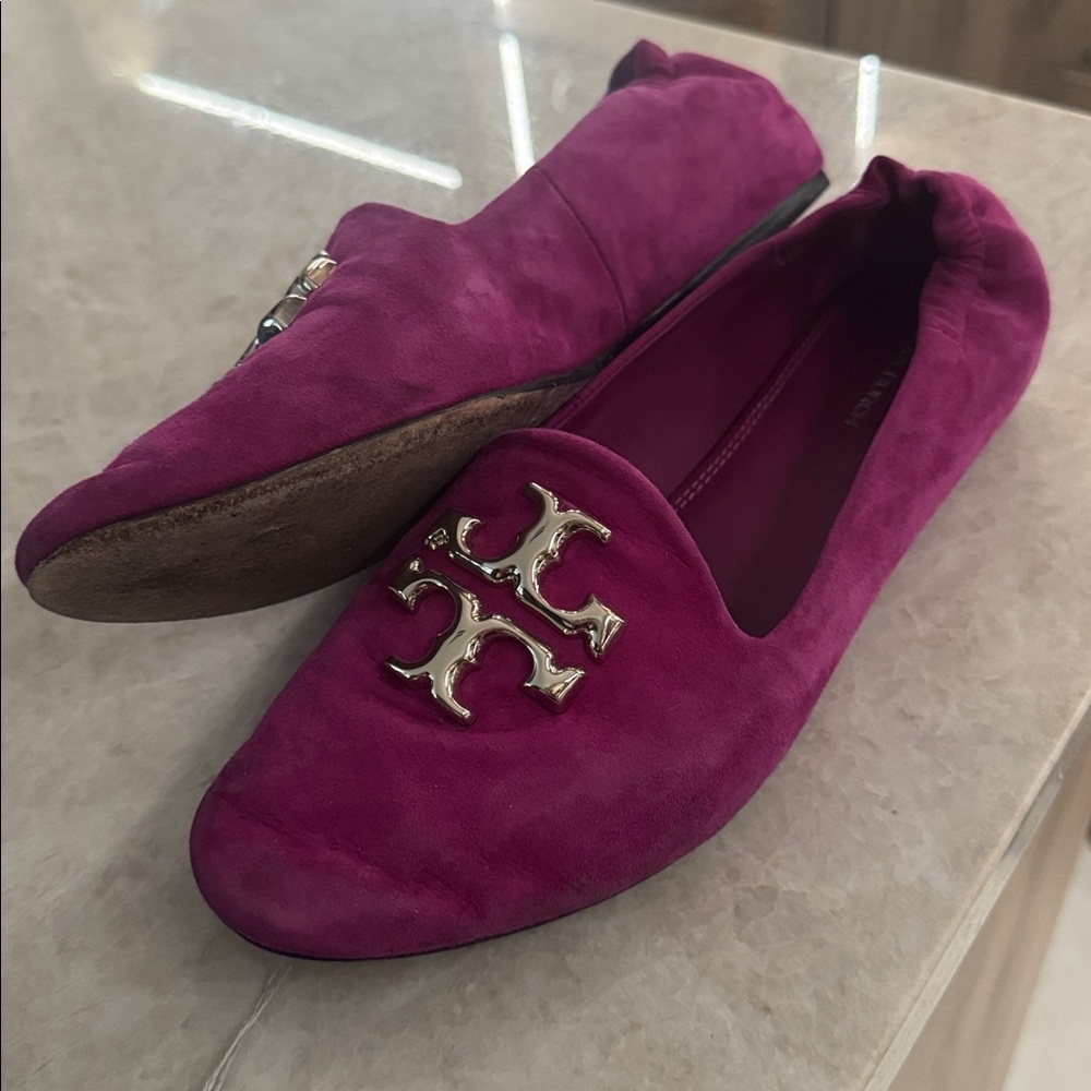 Tory Burch Fuchsia Suede Logo Loafers - Picture 3 of 5